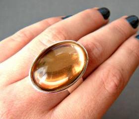 Peach Oval Statement Ring, Vintage Glass Stone, Adjustable, Cocktail Ring, Big Ring, Champagne Ring