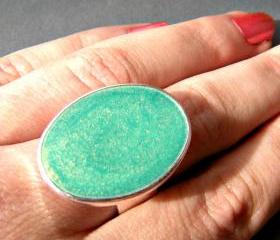 Mint Green Oval Statement Ring, Resin, Adjustable, Cocktail Ring, Big Ring