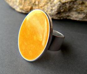 Yellow Oval Statement Ring, Resin, Adjustable, Yellow Cocktail Ring