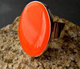 Neon Orange Oval Statement Ring, Resin, Adjustable, Fluorescent Orange Cocktail Ring