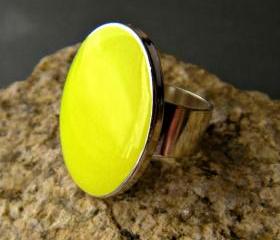 Neon Yellow Oval Statement Ring, Resin, Adjustable, Fluorescent Yellow Cocktail Ring