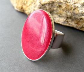 Hot Pink Oval Statement Ring, Resin, Adjustable, Hot Pink Cocktail Ring