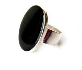 Black Oval Statement Ring, Resin, Adjustable, Black Cocktail Ring