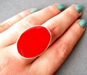 Red Oval Statement Ring, Resin, Adjustable, Cocktail Ring, Big Ring