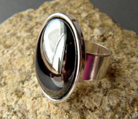 Black, Gray Hematite Gemstone Oval Statement Ring, Reflective, Adjustable