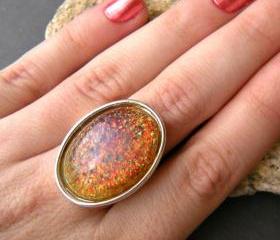 Faux Fire Opal Glass Stone, Sparkle Oval Statement Ring, Adjustable, Red, Orange, Purple, Pink
