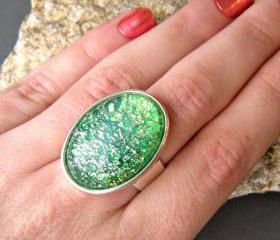 Emerald Green Oval Statement Ring, Sparkle Ring, Metallic Ring, Adjustable