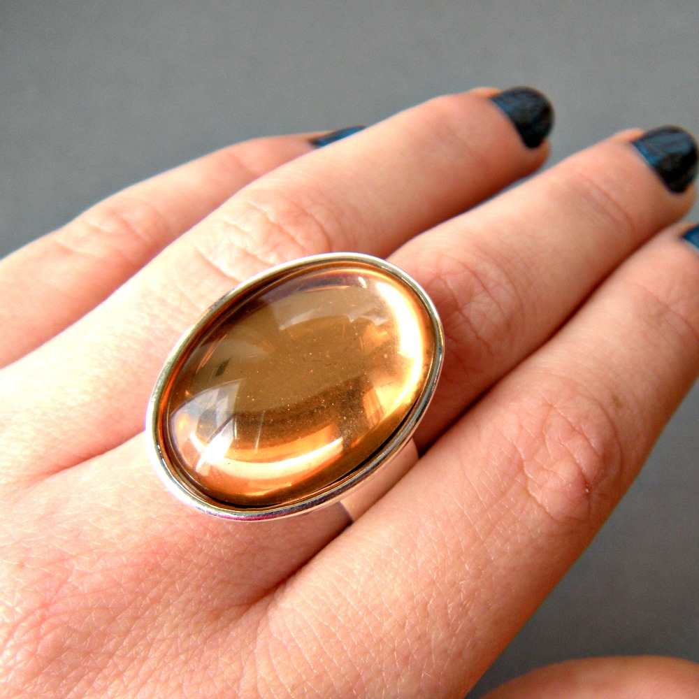 Peach Oval Statement Ring, Vintage Glass Stone, Adjustable, Cocktail