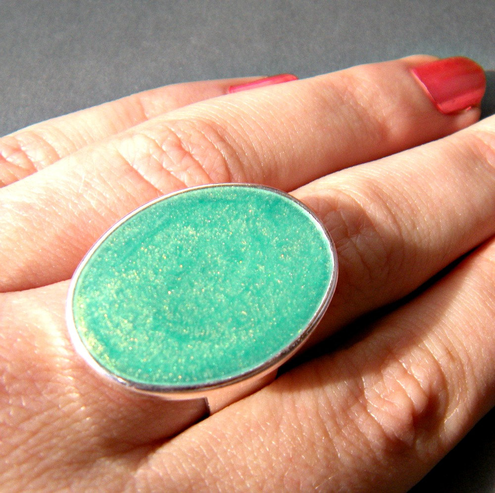 Mint Green Oval Statement Ring, Resin, Adjustable, Cocktail Ring, Big